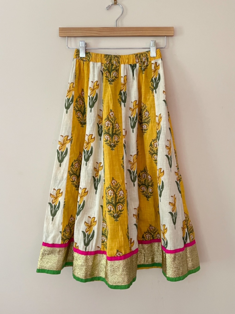 HANDMADE ARTISAN EUC/NWOT Bohemian Block Print Gold Ribbon Trim Maxi Skirt